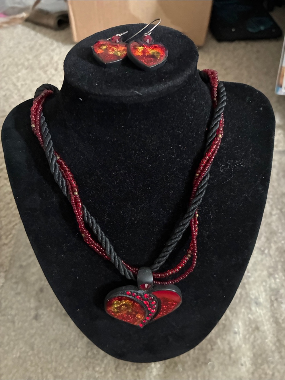 Chico's Red and Gold Heart Pendant Necklace with Matching Earrings